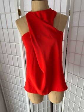 Zara Red Asymmetrical Draped Halter Top Sleeveless Blouse NWT Size L